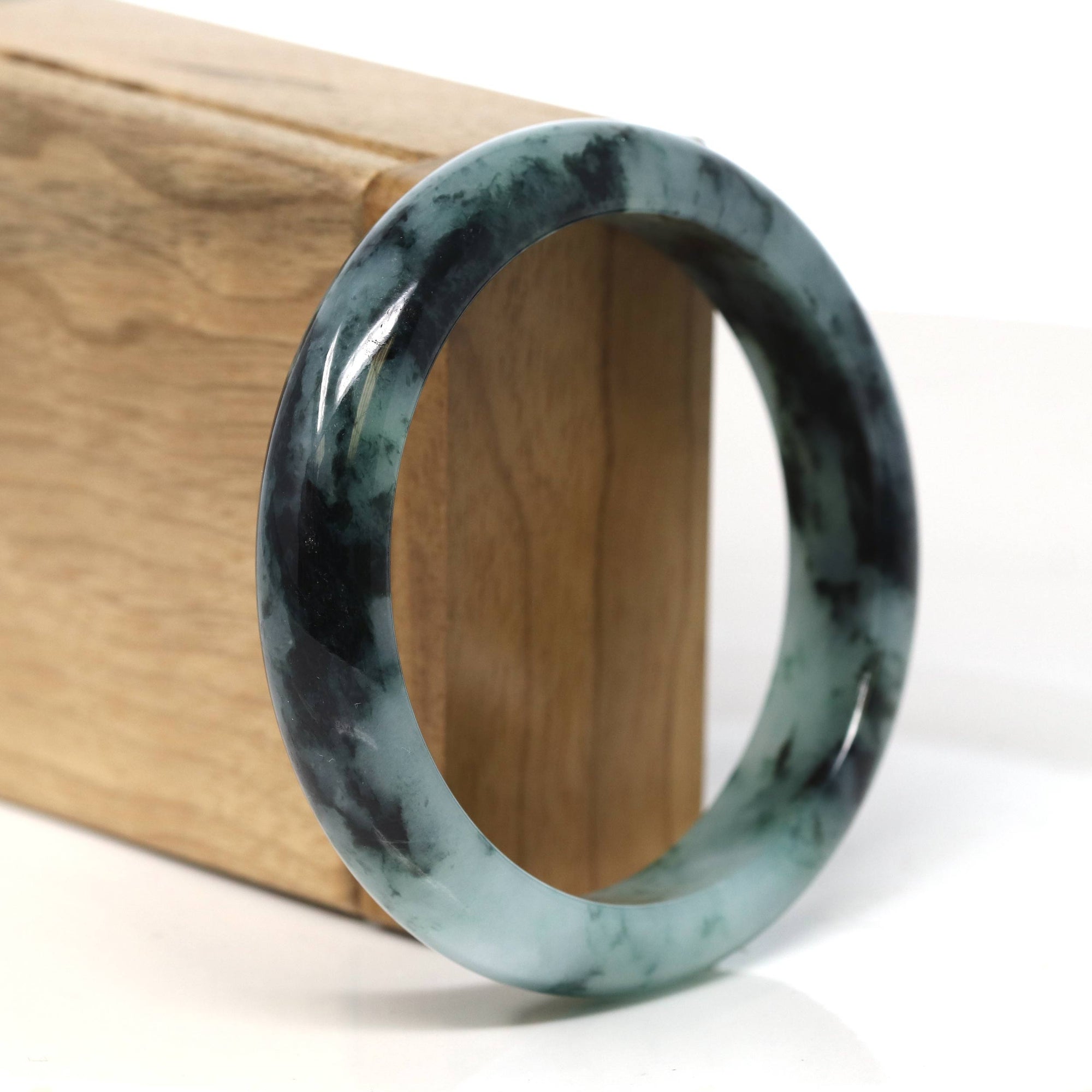 Baikalla Jewelry Jadeite Jade Bangle Bracelet "Classic Princess Half Round" Blue- Green Jadeite Jade Bangle (55 mm) #T507