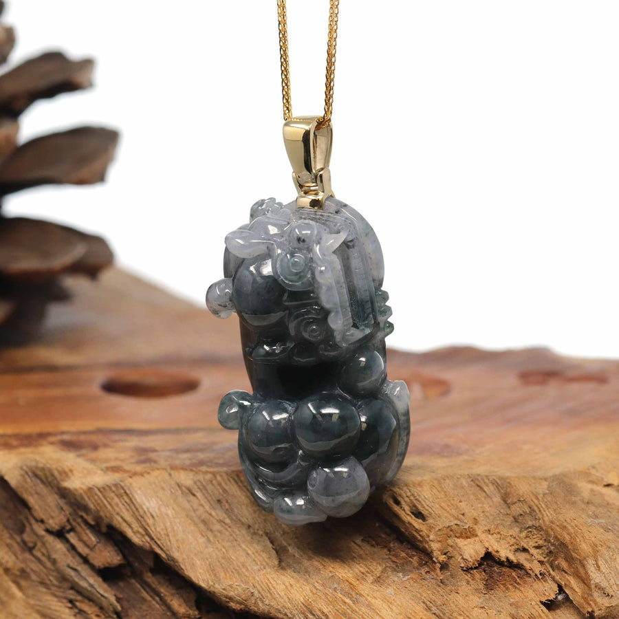 Baikalla Jewelry genuine jadeite carving Genuine Burmese Blue-Green Jadeite Jade PiXiu Pendant Necklace With 18K Gold Bail