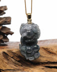 Baikalla Jewelry genuine jadeite carving Genuine Burmese Blue-Green Jadeite Jade PiXiu Pendant Necklace With 18K Gold Bail