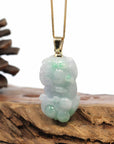 Baikalla Jewelry genuine jadeite carving Genuine Burmese Lavender-Green Jadeite Jade PiXiu Pendant Necklace With 18K Gold Bail