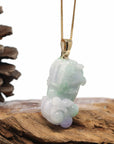 Baikalla Jewelry genuine jadeite carving Genuine Burmese Lavender-Green Jadeite Jade PiXiu Pendant Necklace With 14K Gold Bail