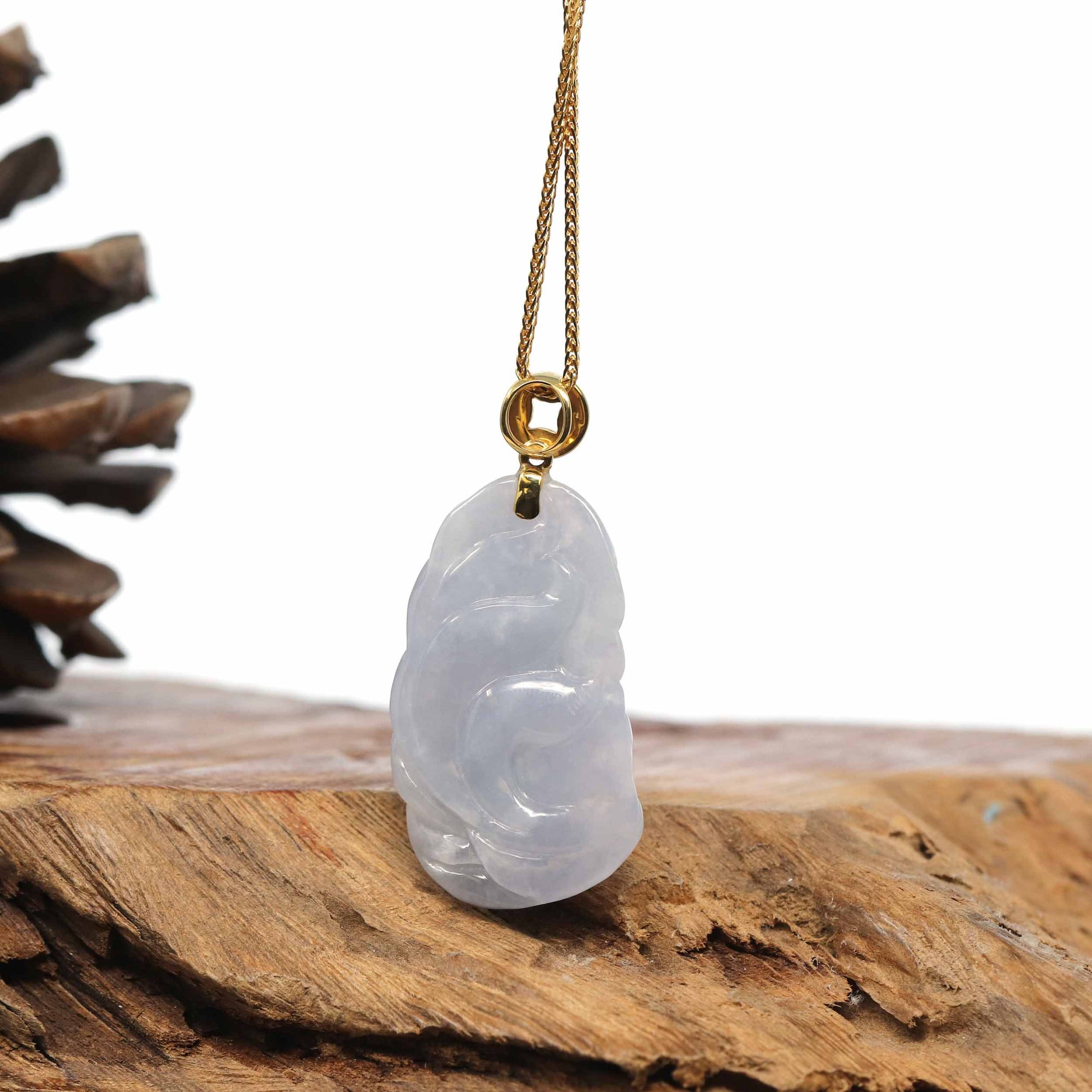 Baikalla Jewelry genuine jadeite carving Genuine Burmese Lavender Jadeite Jade Nine Tailed Fox Pendant Necklace With 18K Gold Bail