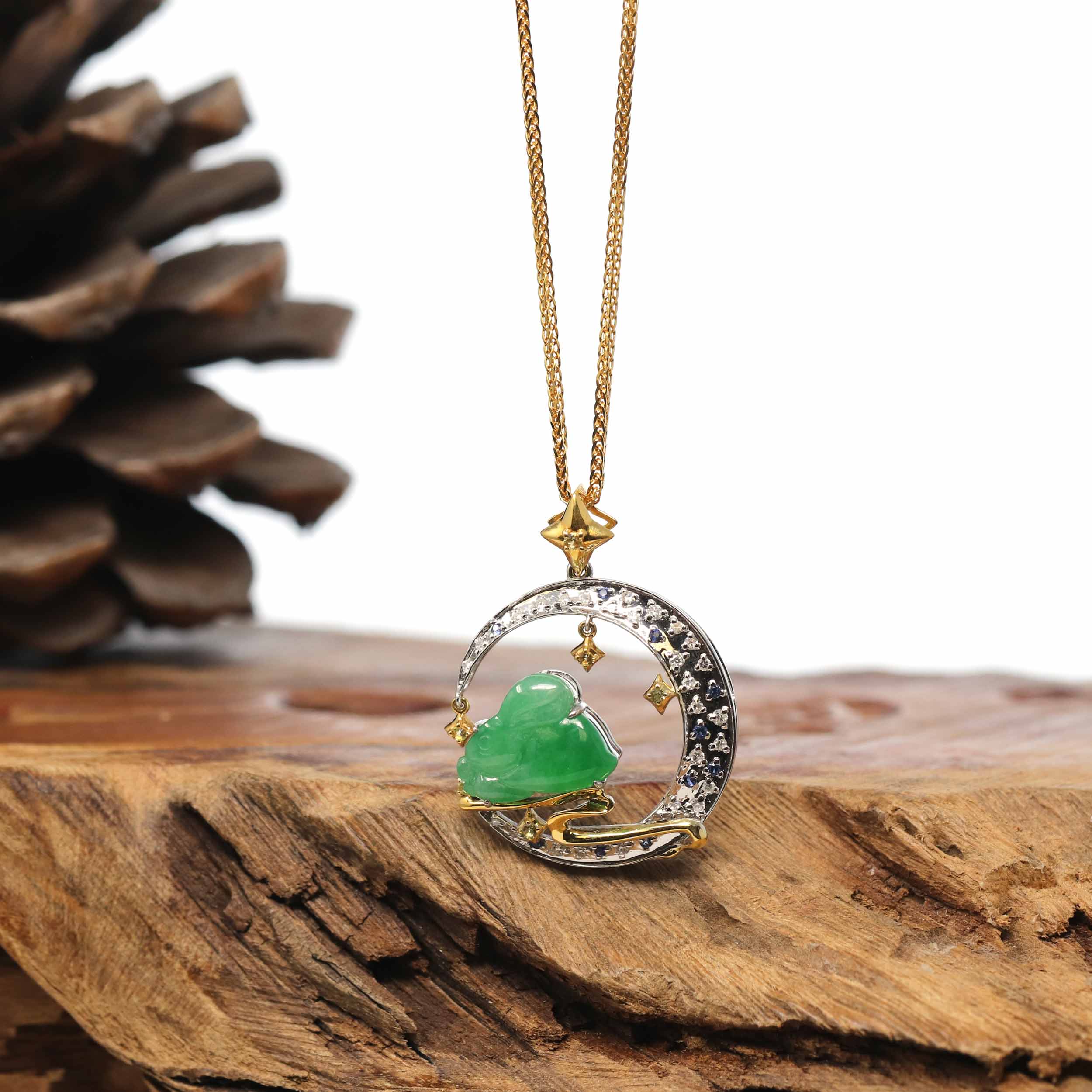 Yellow Jade Rabbit 18k Yellow & White Gold Imperial Green Jadeite Jade Rabbit & Moon Pend ...