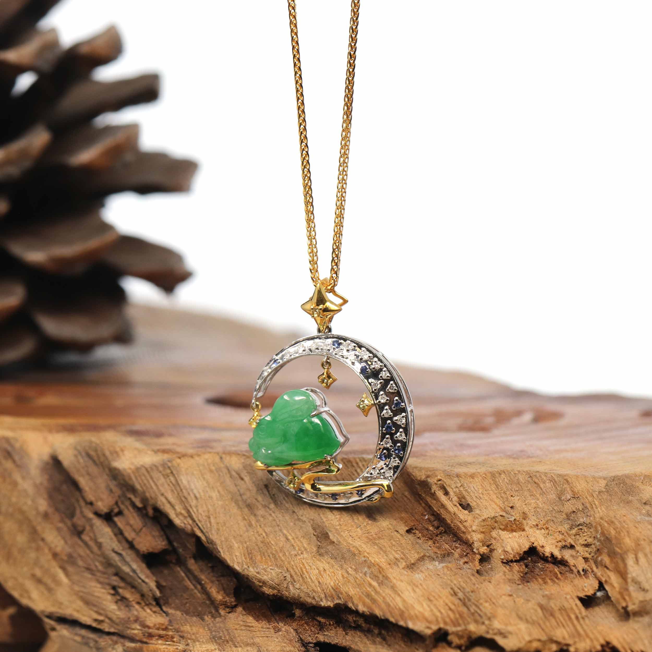 Yellow Jade Rabbit 18k Yellow & White Gold Imperial Green Jadeite Jade Rabbit & Moon Pend ...