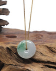 Baikalla "Ping An Kou" (Good Luck Button) Light Icy White W/ Blue-Green Flower Patch Jadeite Jade Pendant Necklace