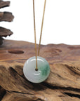 Baikalla "Ping An Kou" (Good Luck Button) Light Icy White W/ Blue-Green Flower Patch Jadeite Jade Pendant Necklace