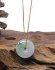 Baikalla "Ping An Kou" (Good Luck Button) Light Icy White W/ Blue-Green Flower Patch Jadeite Jade Pendant Necklace