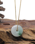 Baikalla "Ping An Kou" (Good Luck Button) Light Icy White W/ Blue-Green Flower Patch Jadeite Jade Pendant Necklace