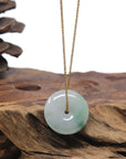 Baikalla "Ping An Kou" (Good Luck Button) White W/ Blue-Green Flowers Jadeite Jade Pendant Necklace
