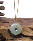 Baikalla "Ping An Kou" (Good Luck Button) Light Blue-Green W/ Yellow Patch Jadeite Jade Pendant Necklace