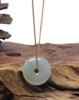 Baikalla "Ping An Kou" (Good Luck Button) Light Blue-Green W/ Yellow Patch Jadeite Jade Pendant Necklace