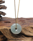 Baikalla "Ping An Kou" (Good Luck Button) Icy Light Blue-Green W/ Sajin Flecks Jadeite Jade Pendant Necklace