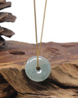 Baikalla "Ping An Kou" (Good Luck Button) Icy Light Blue-Green W/ Sajin Flecks Jadeite Jade Pendant Necklace