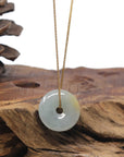 Baikalla "Ping An Kou" (Good Luck Button) Icy Light Blue-Green W/ Yellow Patch Jadeite Jade Pendant Necklace