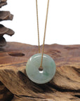 Baikalla "Ping An Kou" (Good Luck Button) Light Blue-Green W/ Sajin Jadeite Jade Pendant Necklace