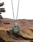 Baikalla Icy Deep Blue-Green "Ping An Kou" (Good Luck Button) Jadeite Jade Pendant W/ 18k White Gold Bail & Diamonds