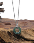 Baikalla Icy Deep Blue-Green "Ping An Kou" (Good Luck Button) Jadeite Jade Pendant W/ 18k White Gold Bail & Diamonds
