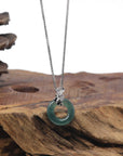 Baikalla Icy Deep Blue-Green "Ping An Kou" (Good Luck Button) Jadeite Jade Pendant W/ 18k White Gold Bail & Diamonds
