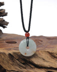 Baikalla "Ping An Kou" (Good Luck Button) Light Green W/ Orange Sajin Jadeite Jade Pendant Necklace