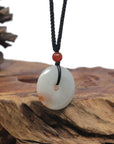 Baikalla "Ping An Kou" (Good Luck Button) Light Green W/ Orange Sajin Jadeite Jade Pendant Necklace