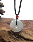 Baikalla "Ping An Kou" (Good Luck Button) Light Green W/ Orange Sajin Jadeite Jade Pendant Necklace
