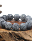 Baikalla Natural Grey & Black Wuji Burmese Jadeite Jade Carved Bead Bracelet