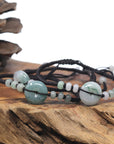 Natural Light Blue Flower Jadeite Jade "Ping An Kou" Braided Black Nylon Adjustable Drawstring Bracelet