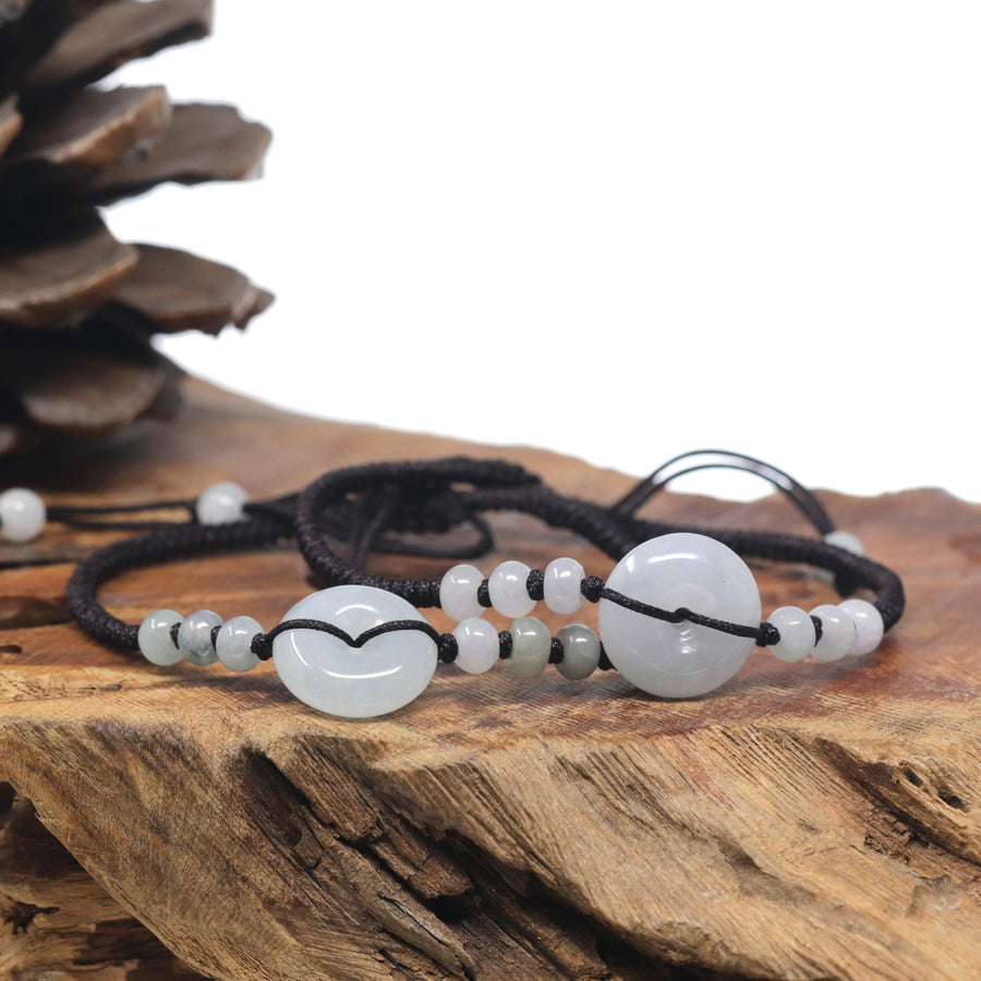 Natural Light Blue Flower Jadeite Jade "Ping An Kou" Braided Black Nylon Adjustable Drawstring Bracelet
