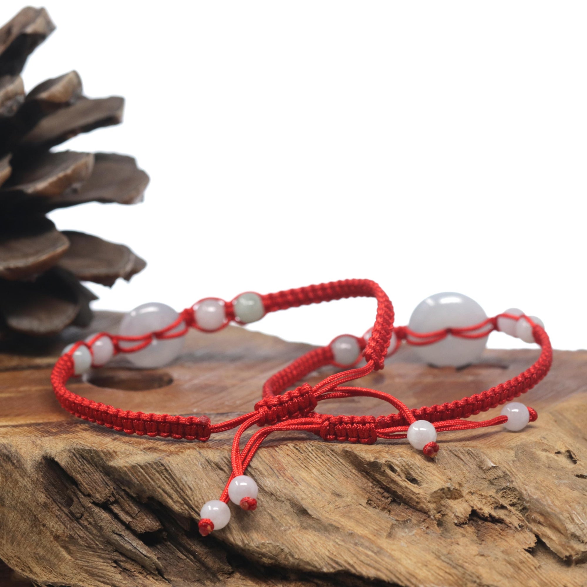 Natural Light Icy White Jadeite Jade &quot;Ping An Kou&quot; Braided Red Nylon Adjustable Drawstring Bracelet