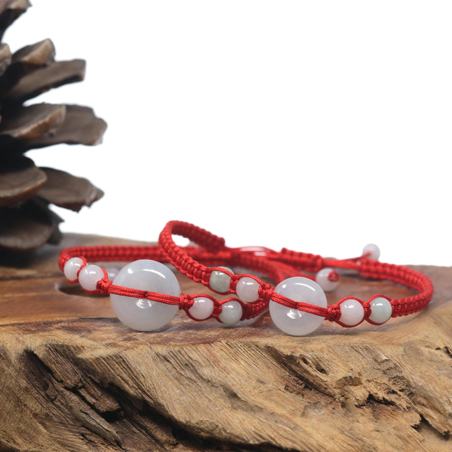 Natural Light Icy White Jadeite Jade "Ping An Kou" Braided Red Nylon Adjustable Drawstring Bracelet