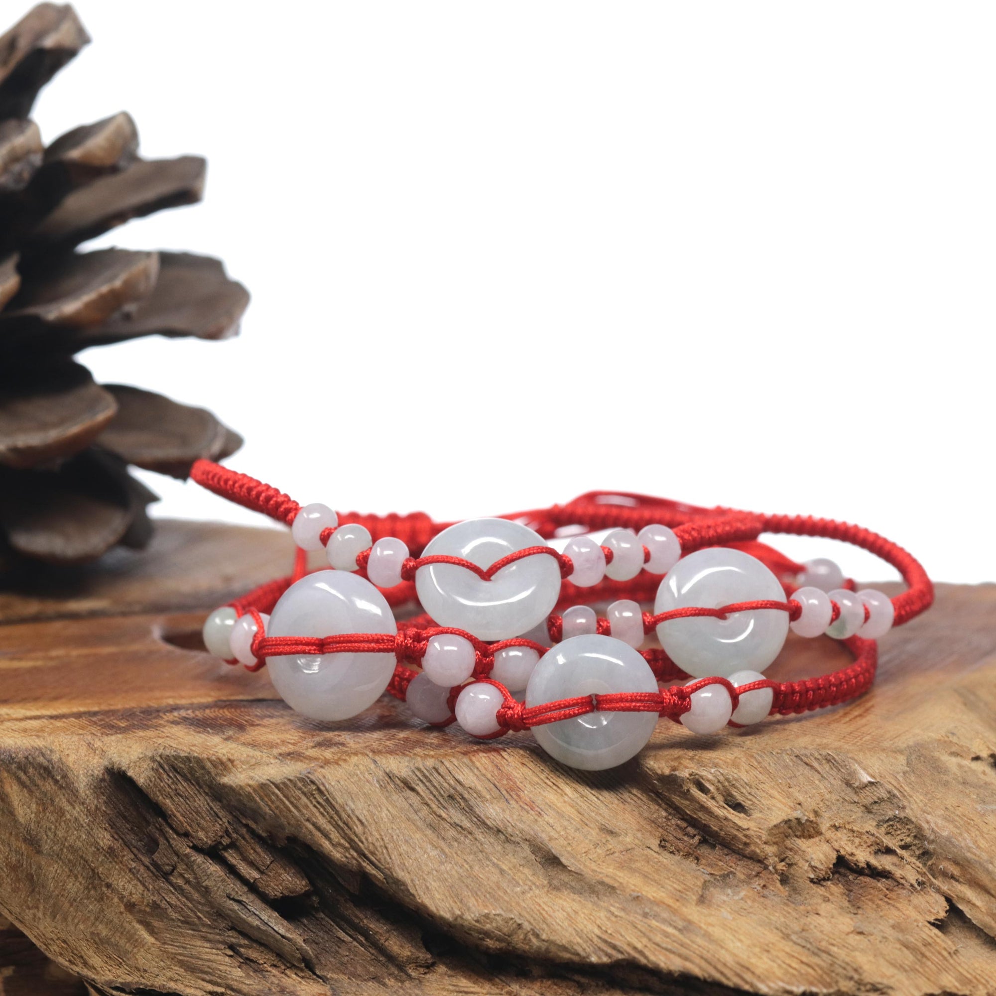 Natural Light Icy White Jadeite Jade &quot;Ping An Kou&quot; Braided Red Nylon Adjustable Drawstring Bracelet