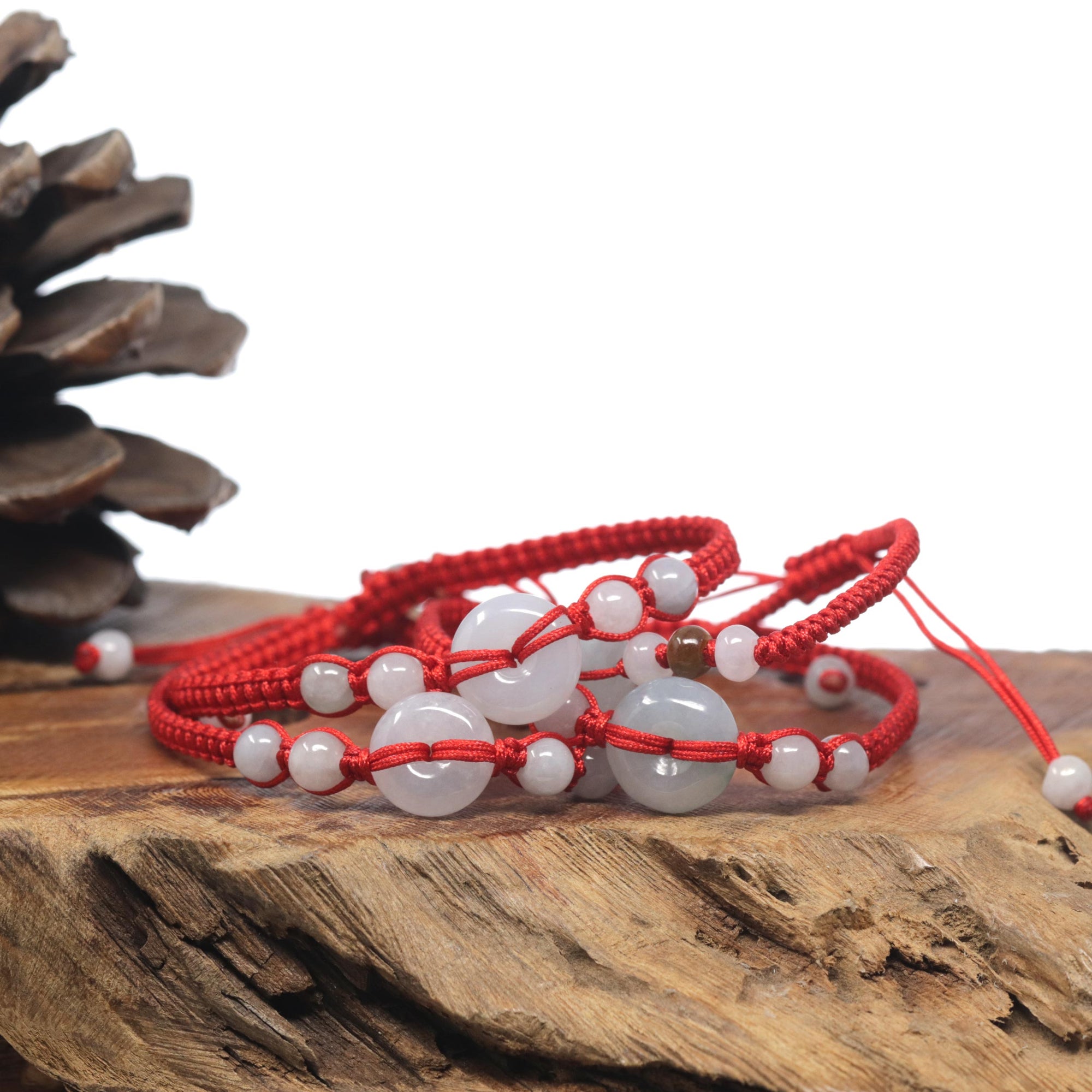 Natural Light Icy White Jadeite Jade &quot;Ping An Kou&quot; Braided Red Nylon Adjustable Drawstring Bracelet