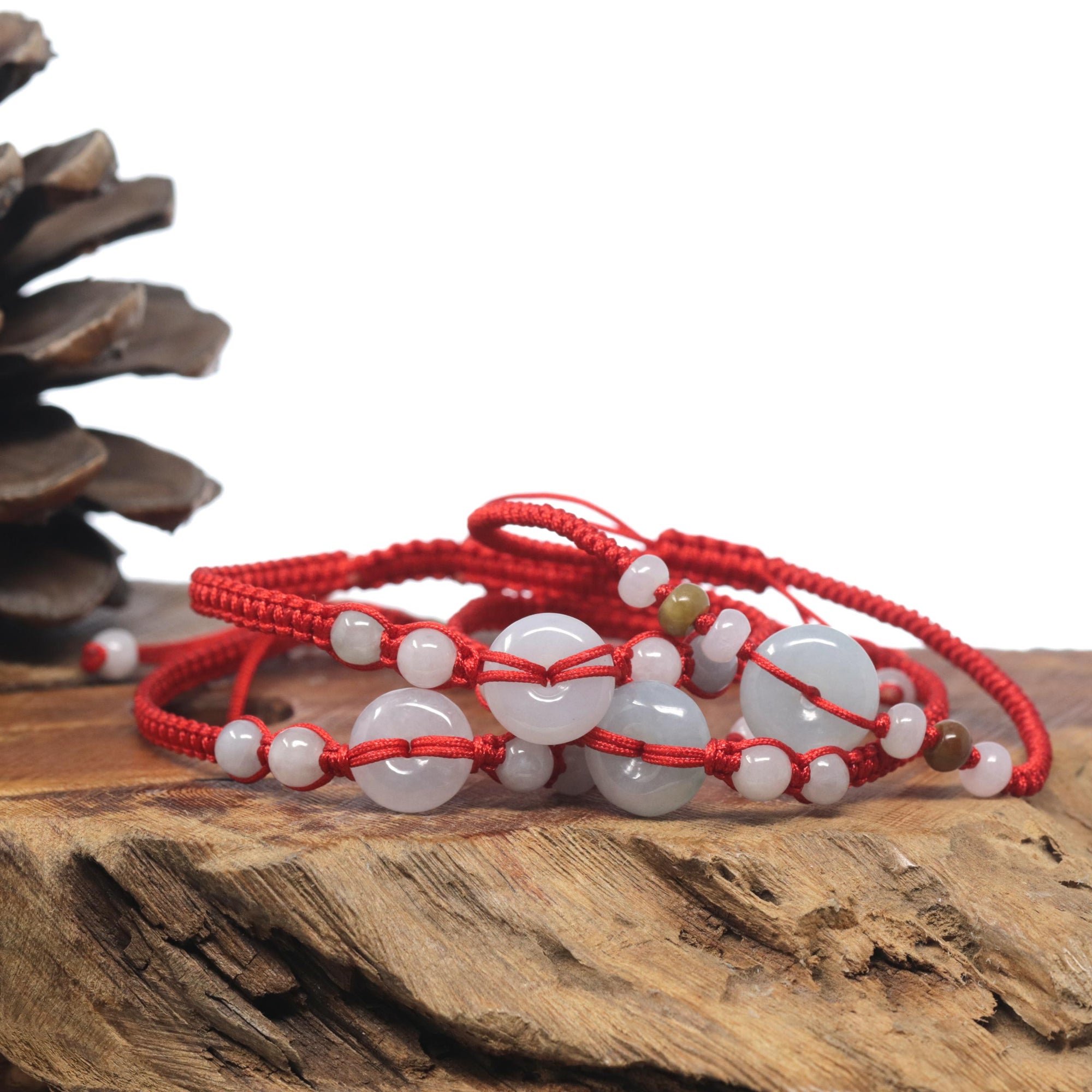 Natural Light Icy White Jadeite Jade &quot;Ping An Kou&quot; Braided Red Nylon Adjustable Drawstring Bracelet