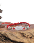 Natural Icy Light Color "Lucky Knot" Jadeite Jade Carving Braided Red Nylon Adjustable Drawstring Bracelet