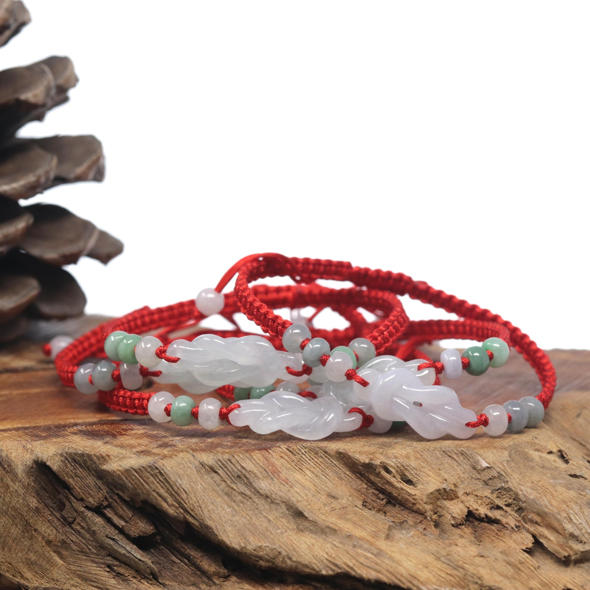 Natural Icy Light Color &quot;Lucky Knot&quot; Jadeite Jade Carving Braided Red Nylon Adjustable Drawstring Bracelet