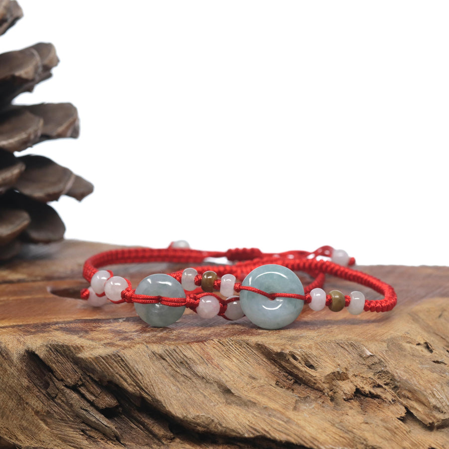 Natural Blue/ Blue Flower Jadeite Jade "Ping An Kou" Braided Red Nylon Adjustable Drawstring Bracelet