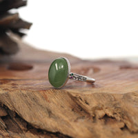 Baikalla Jewelry Jade Ring Baikalla "Classic Oval With Accents" Sterling Silver Natural Green Nephrite Jade Adjustable Ring For Her