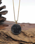 Baikalla 18k Yellow Gold Icy Black Wuji Cross Carving Round Jadeite Jade Pendant