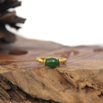 Baikalla Jewelry Jade Ring Baikalla™ "Classic Oval Bamboo" Sterling Silver Natural Green Nephrite Jade Adjustable Ring For Her