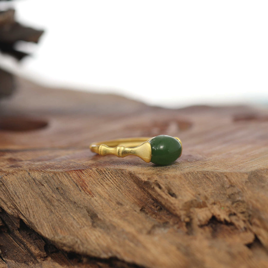 Baikalla Jewelry Jade Ring Baikalla™ "Classic Oval Bamboo" Sterling Silver Natural Green Nephrite Jade Adjustable Ring For Her
