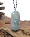 Baikalla Natural Icy Blue-Green Jadeite Jade "Happy Buddha & Bat" Pendant W/ Beaded Necklace