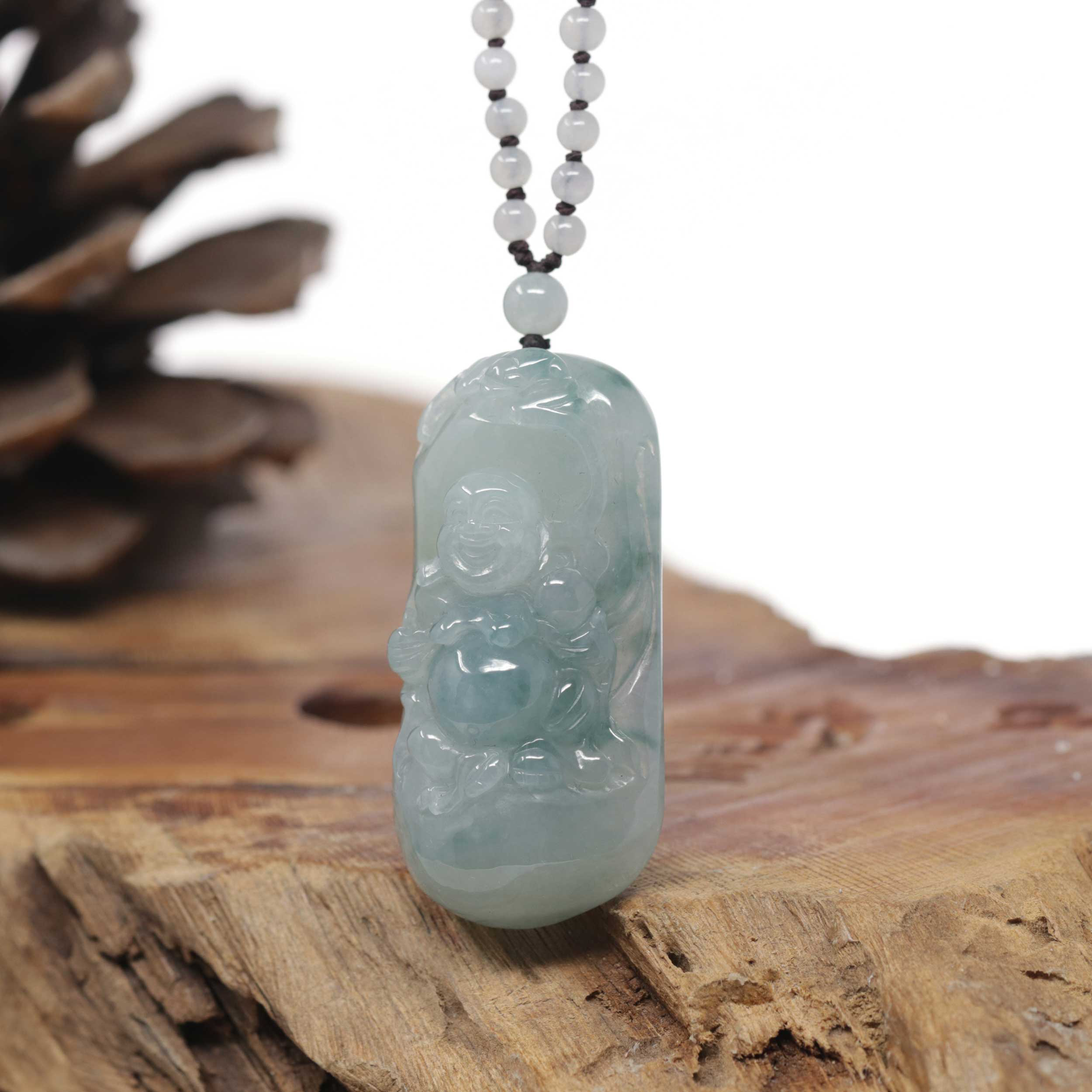 Baikalla Natural Icy Blue-Green Jadeite Jade "Happy Buddha &amp; Bat" Pendant W/ Beaded Necklace
