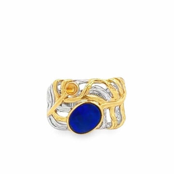 Baikalla Jewelry Jade Ring Baikalla Antique Natural Lapis and Agate Sterling Silver Gold Plated Two Tone Ring