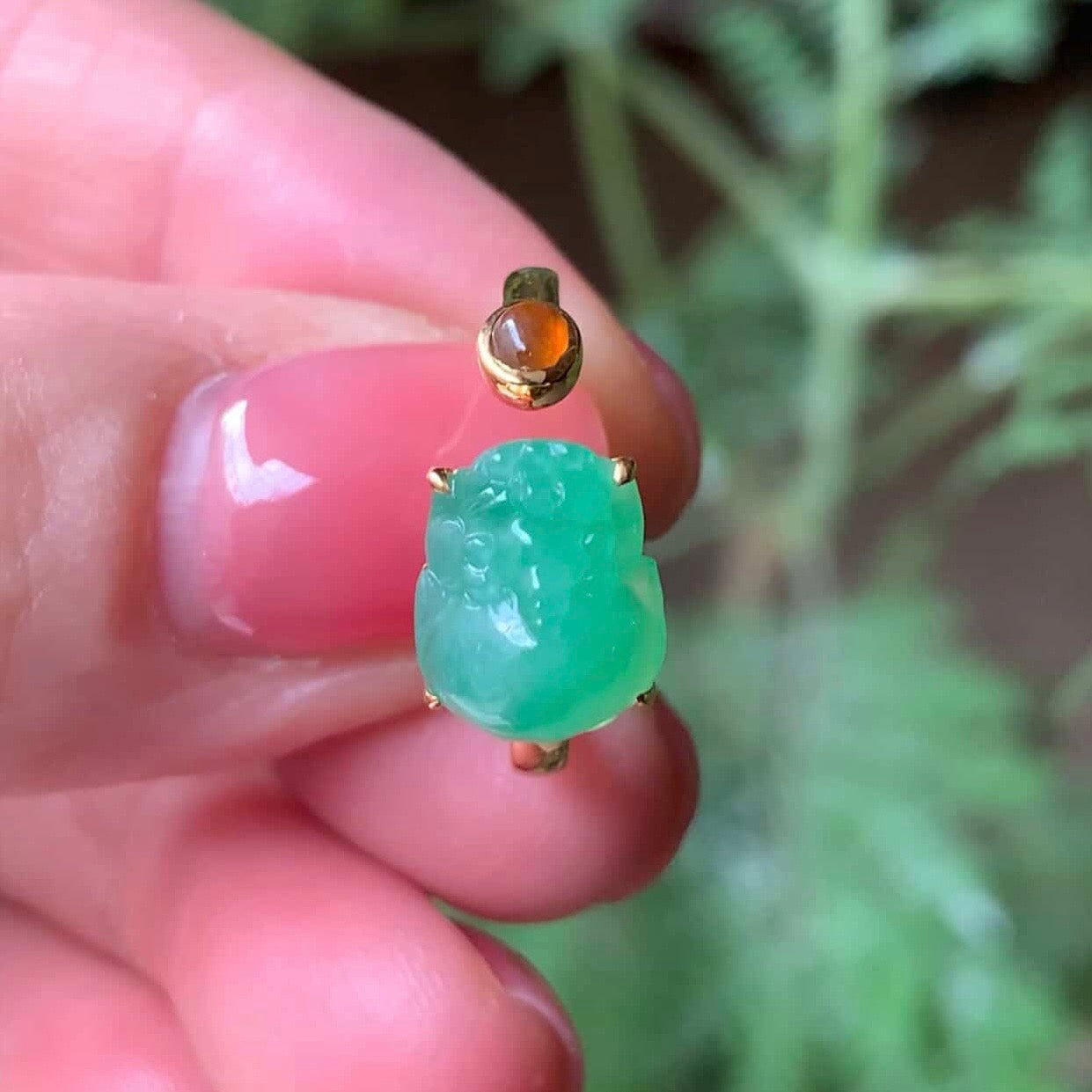 18K Yellow Gold Green Jadeite Jade Pixiu Ring Gold Setting