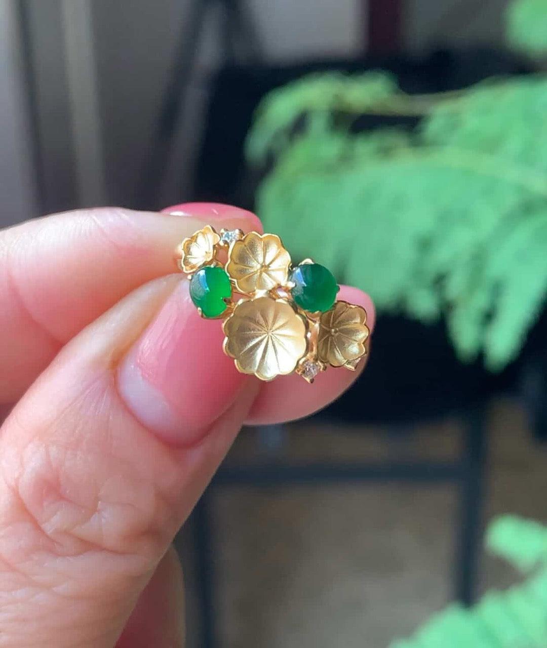 Custom 18K Yellow Gold Green Jadeite Jade Flower Ring Gold setting  (Setting Only)