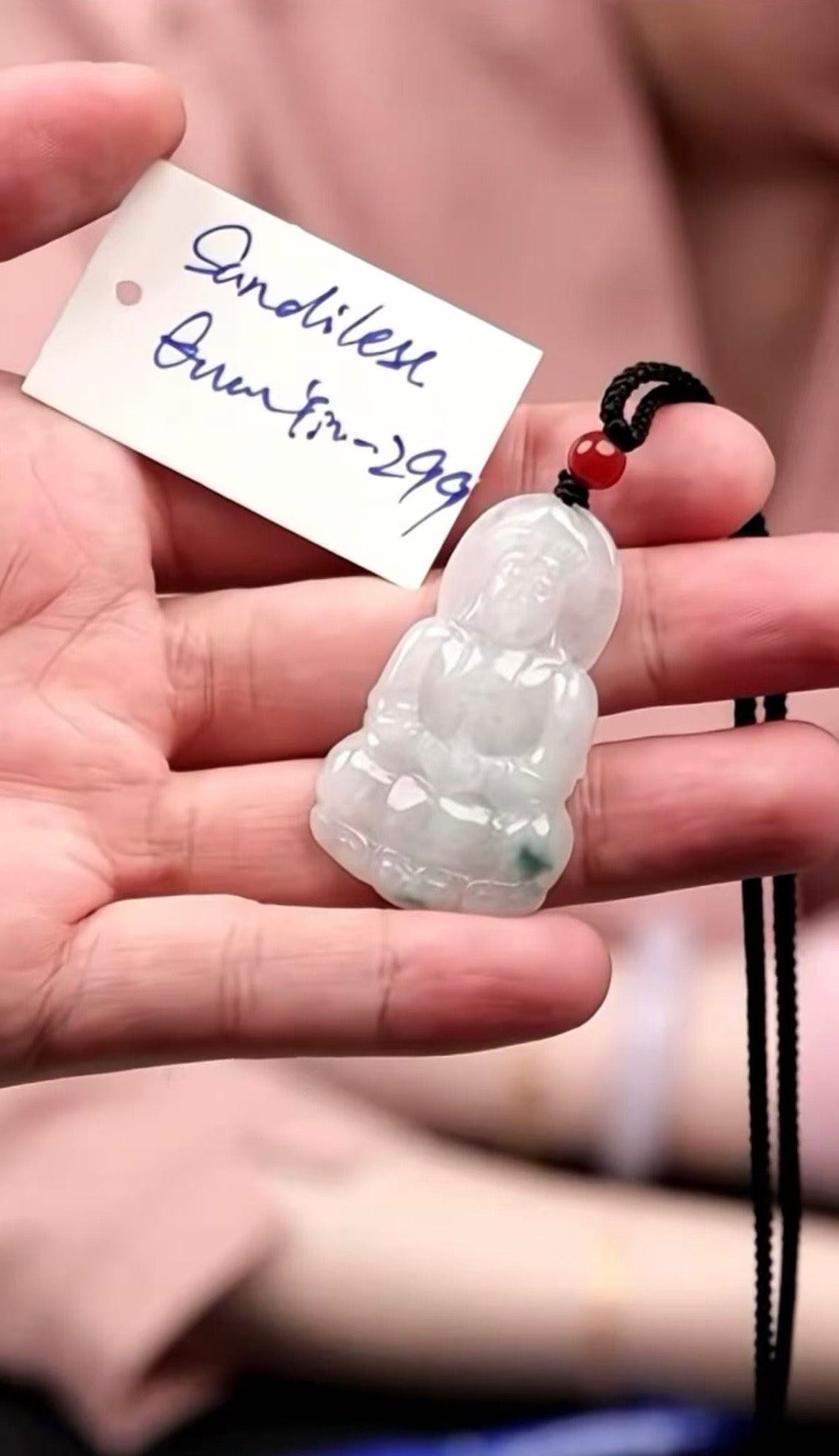 "Live" Natural Moonlight W/ Green Flower Jadeite Jade Guanyin (09/03/26)