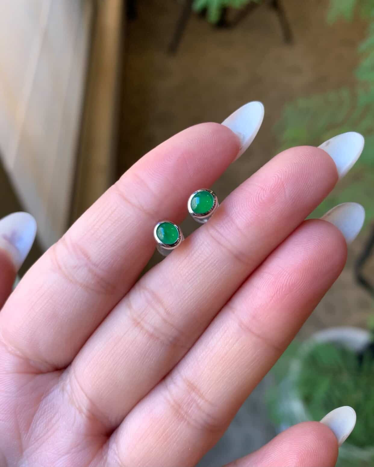 18K White Gold Custom Green Cabochon Earrings Gold Setting