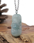 Baikalla Natural Icy Blue-Green Jadeite Jade "Happy Buddha & Bat" Pendant W/ Beaded Necklace