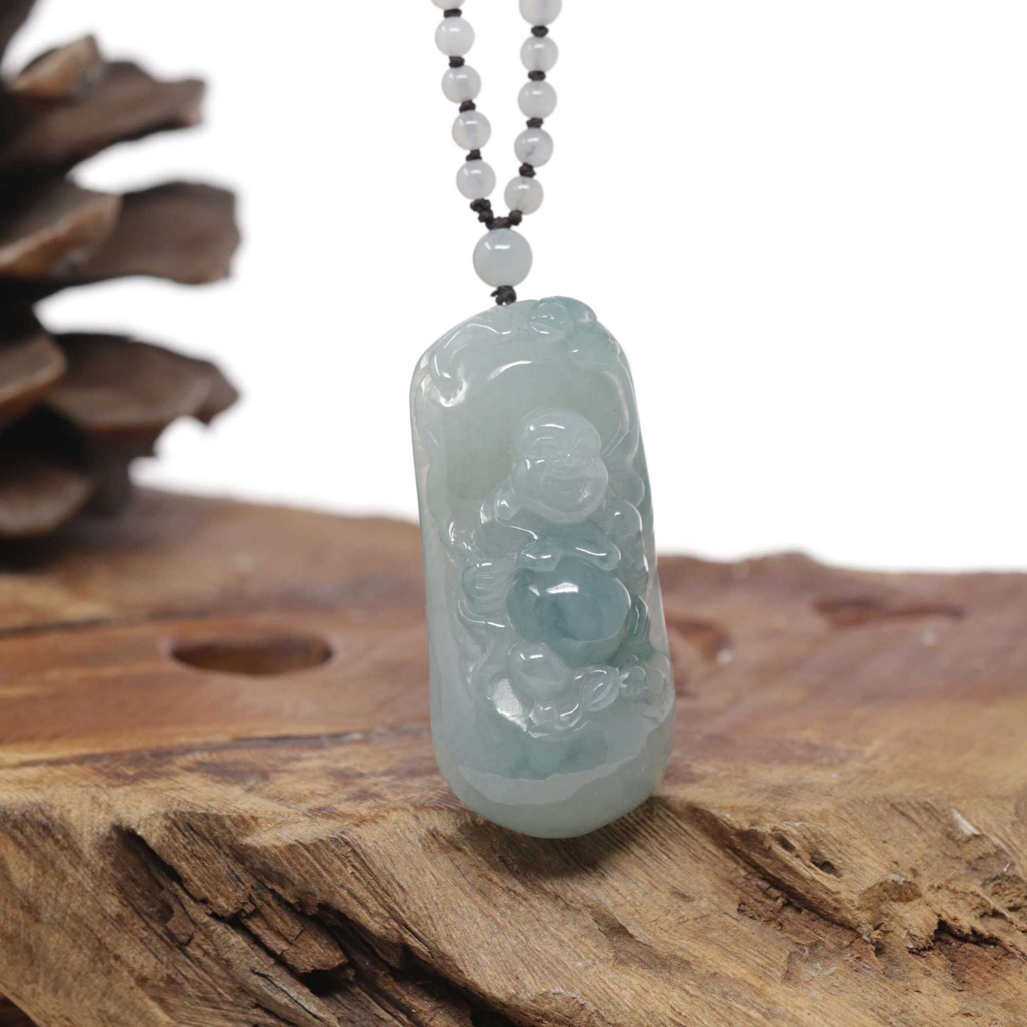 Baikalla Natural Icy Blue-Green Jadeite Jade "Happy Buddha &amp; Bat" Pendant W/ Beaded Necklace