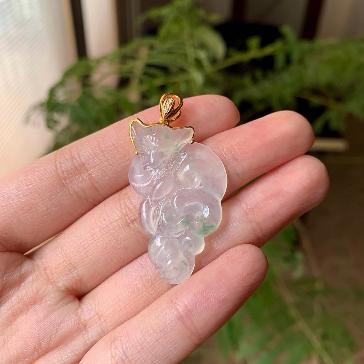 Custom 18K Yellow Gold Icy Green Flower Jadeite Jade Nine Tail Fox Pendant Diamonds And Gold Setting (Gold Only)